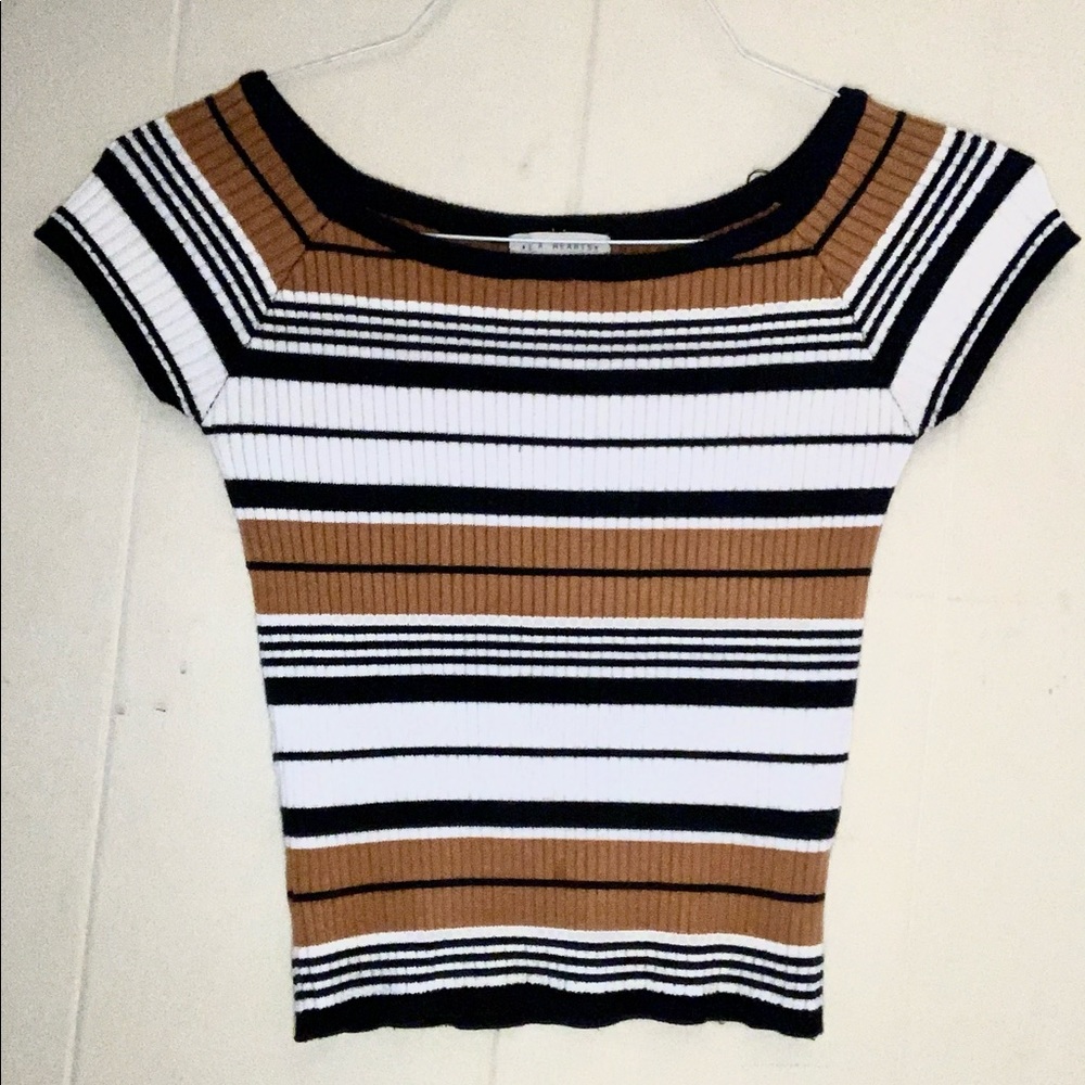 off-shoulder tan, white, and black stipe